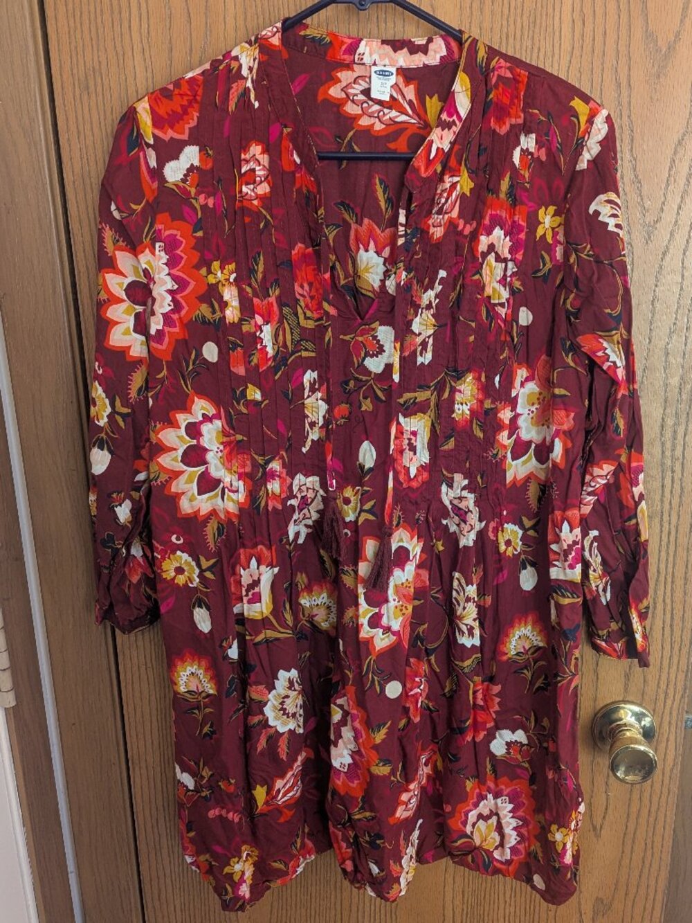 Old Navy Long Sleeve Tassel Pleat Floral Dress/Tunic Top Burgundy Boho-Women's S